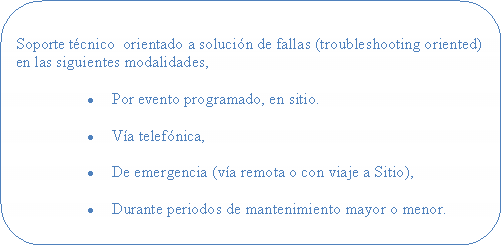 Retngulo de cantos arredondados: Soporte tcnico  orientado a solucin de fallas (troubleshooting oriented) en las siguientes modalidades,	Por evento programado, en sitio.Va telefnica,De emergencia (va remota o con viaje a Sitio),Durante periodos de mantenimiento mayor o menor.